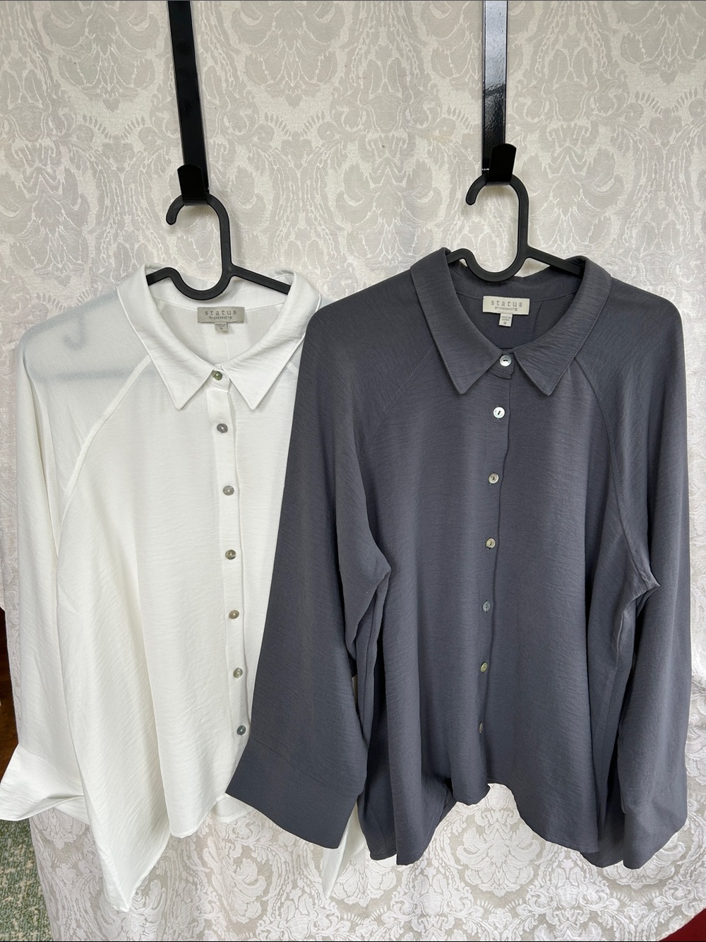 Status by Chenault - Set of Two Button-Front Collared Blouses — White & Charcoal
